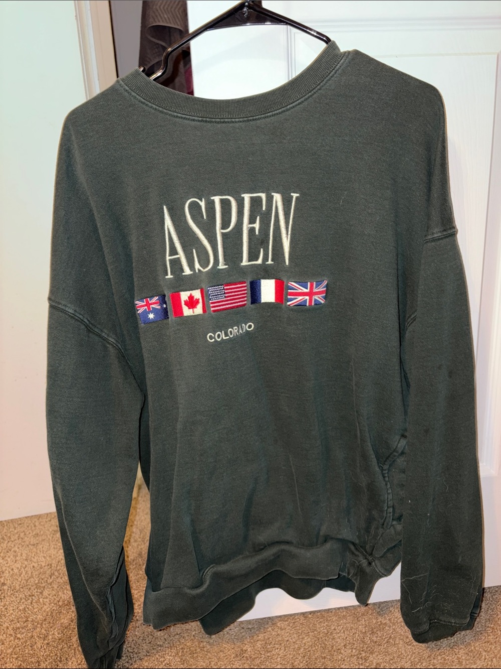 PacSun Aspen Crewneck Sweatshirt in Dark Green with Flag Embroidery